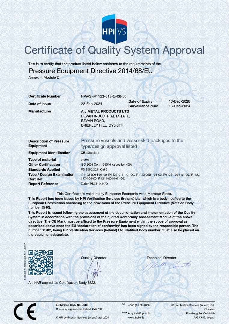 Pressure Equipment Regulations Module D Certificate